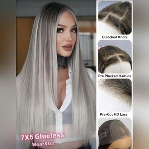 Ash Blonde Gray Synthetic Hair Wig with Pre-Plucked Hairline